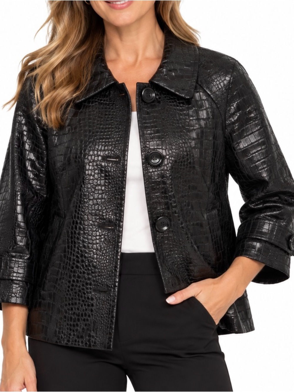 Birch Hill Black Faux Croc Button-Front Jacket.
